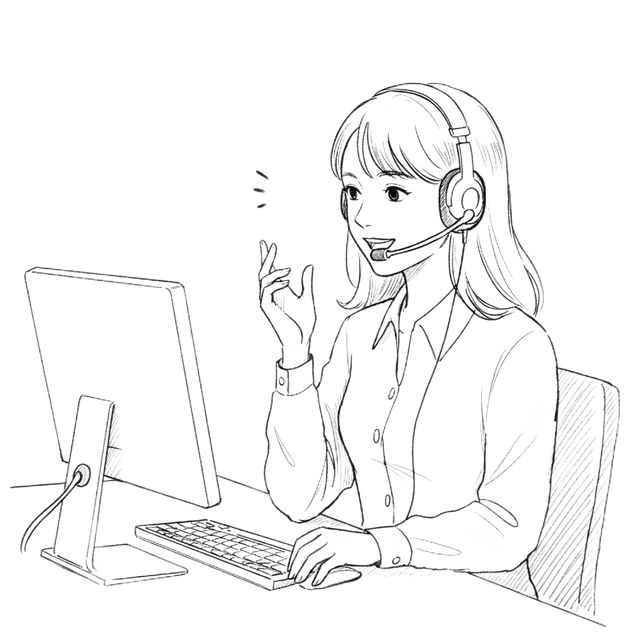 Девушка службы поддержки за столом с компьютером в наушниках с микрофоном перед компьютером с кем-то разговаривает — работает и улыбается.