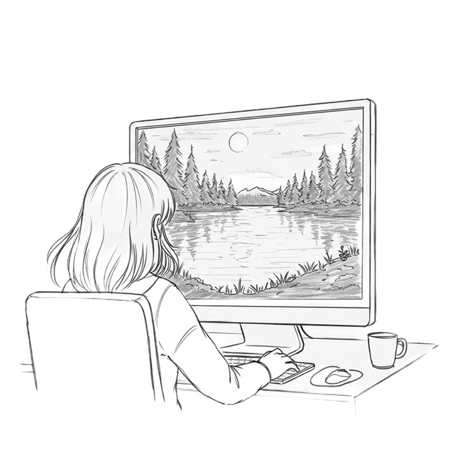 Девушка спиной сидит за компьютером, на мониторе красивый пейзаж