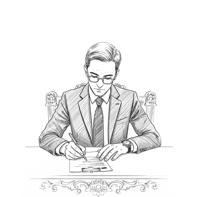 Мужчина в строгом костюме заполняет анкету