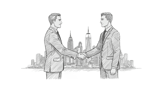 Два мужчины в деловых костюмах жмут друг другу руки. Фон — небоскрёбы.